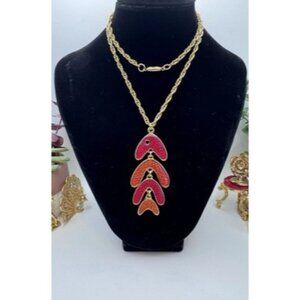 Long Gold-tone Red Enamel Glazed Fish Link Pendant Necklace